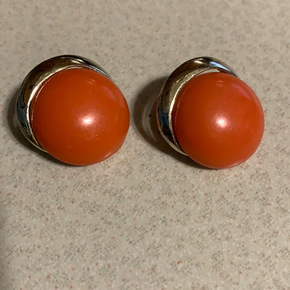 Bergere silver tone orange bead clip on earrings